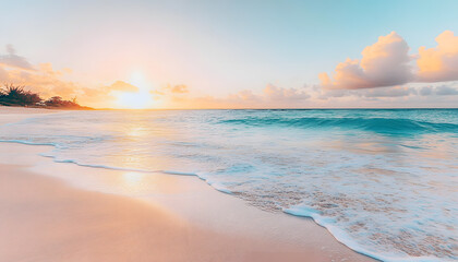 Fototapeta premium Crystal-clear turquoise waters with gentle waves lapping at a pristine beach under a golden sunset