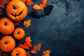 a postcard for a Halloween party made of pumpkins, bats, cobwebs, top view. P