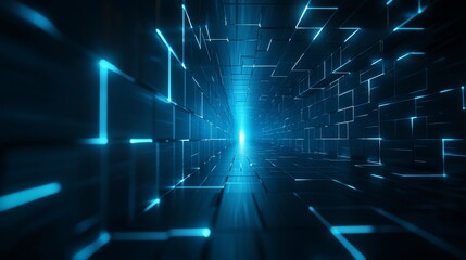Obraz premium Abstract geometric brick wall, futuristic style, metallic bricks with glowing edges, blue and silver tones, symmetrical patterns, cyberpunk aesthetic, high-definition details