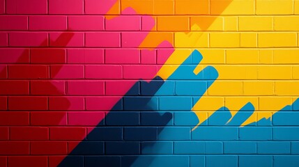 Fototapeta na wymiar Abstract graffiti-inspired brick wall, with splashes of neon colors, random geometric shapes, bold reds, yellows, and blues, energetic composition, street art