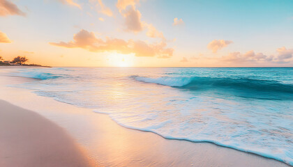 Fototapeta premium Crystal-clear turquoise waters with gentle waves lapping at a pristine beach under a golden sunset