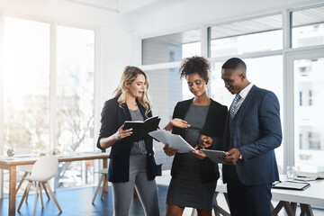 Attorney, teamwork and documents with business people in office for legislation, privacy policy and...