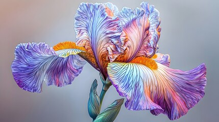 Intricate illustration of an iris flower with detailed petals and leaves, hyper-real, high quality, sharp images