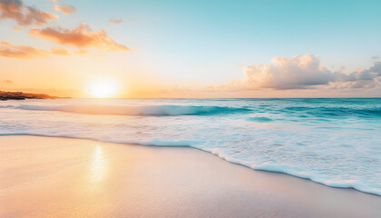 Fototapeta premium Crystal-clear turquoise waters with gentle waves lapping at a pristine beach under a golden sunset