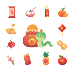 Set of vector illustrations for Chinese New Year or Lantern Festival, snakes and glutinous rice balls with spring couplets, translation: wealth