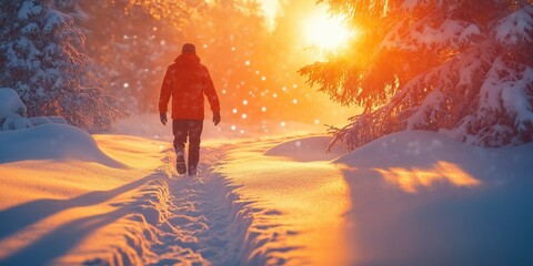 Fototapeta premium Snowy winter morning with a person walking through a sunlit path, peaceful landscape scene
