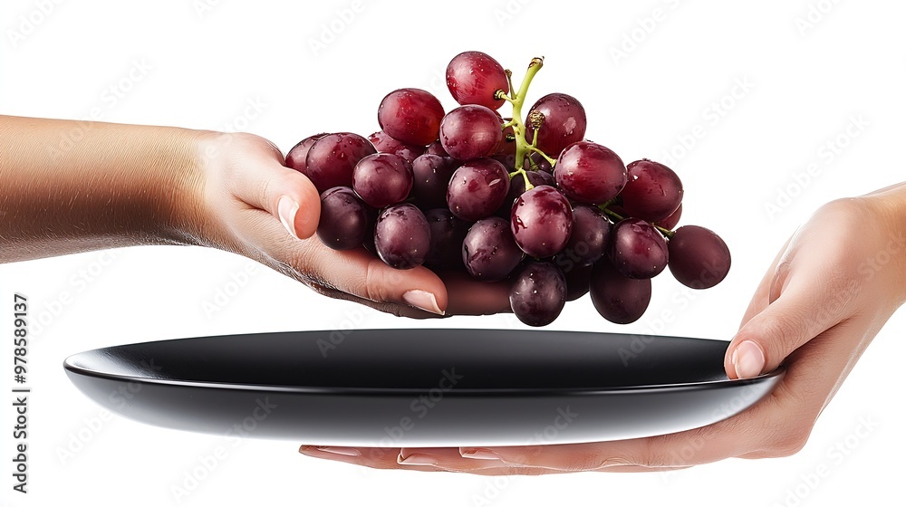 Poster branch of ripe grapes on black plate isolated on white background : generative ai