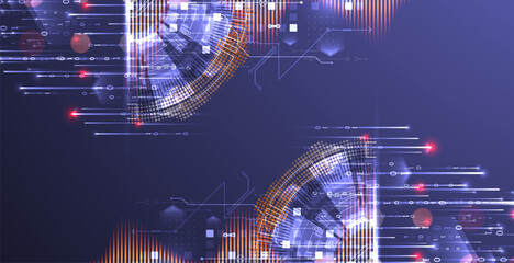 Data analysis. Scientific and technological background. A bisected techno circle from which lines and numbers emerge. Hand made vector.