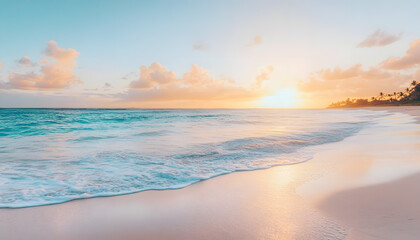Fototapeta premium Crystal-clear turquoise waters with gentle waves lapping at a pristine beach under a golden sunset