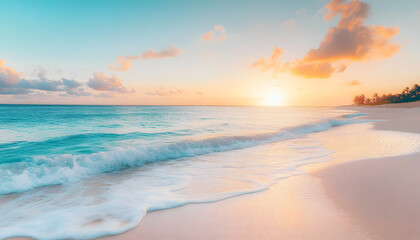 Fototapeta premium Crystal-clear turquoise waters with gentle waves lapping at a pristine beach under a golden sunset