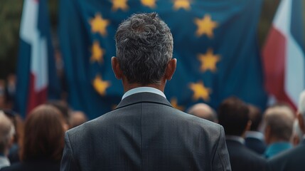 Back view of unidentified politicians in eu parliament with the european union flag displayed