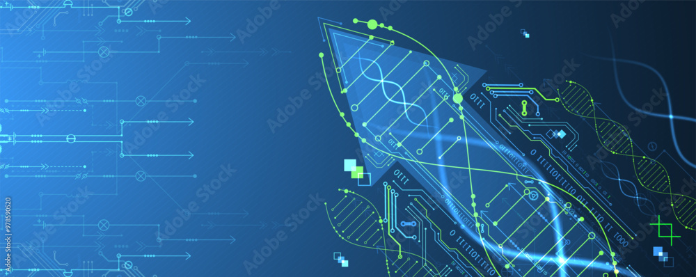Poster Scientific and technological background. Image of dna molecule with technological elements. Hand drawn vector.