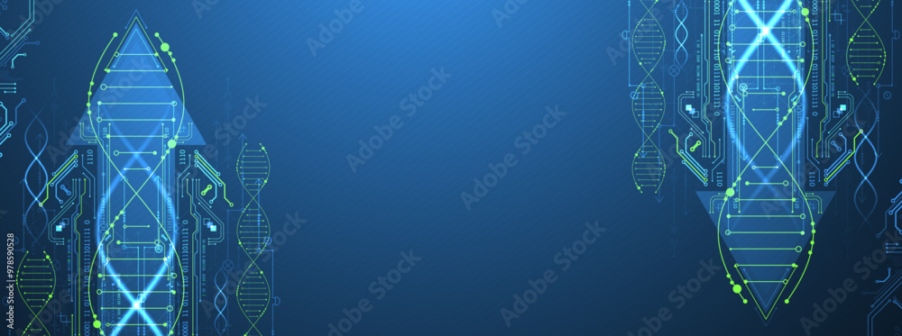 Aufkleber Scientific and technological background. Image of dna molecule with technological elements. Hand drawn vector.
