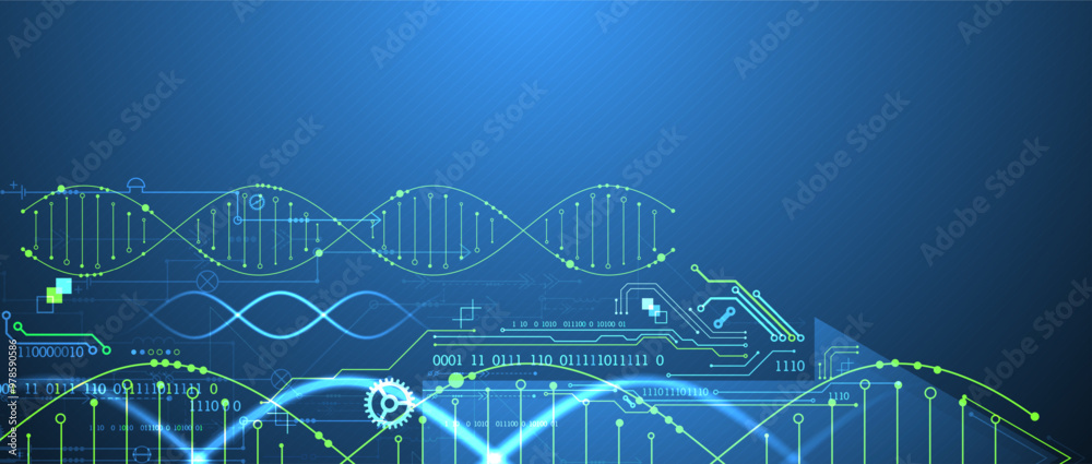 Poster scientific and technological background. image of dna molecule with technological elements. hand dra