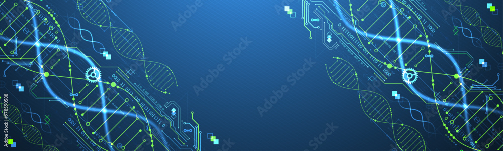 Aufkleber Scientific and technological background. Image of dna molecule with technological elements. Hand drawn vector.