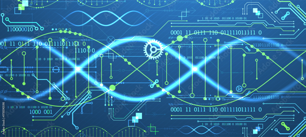 Poster Scientific and technological background. Image of dna molecule with technological elements. Hand drawn vector.
