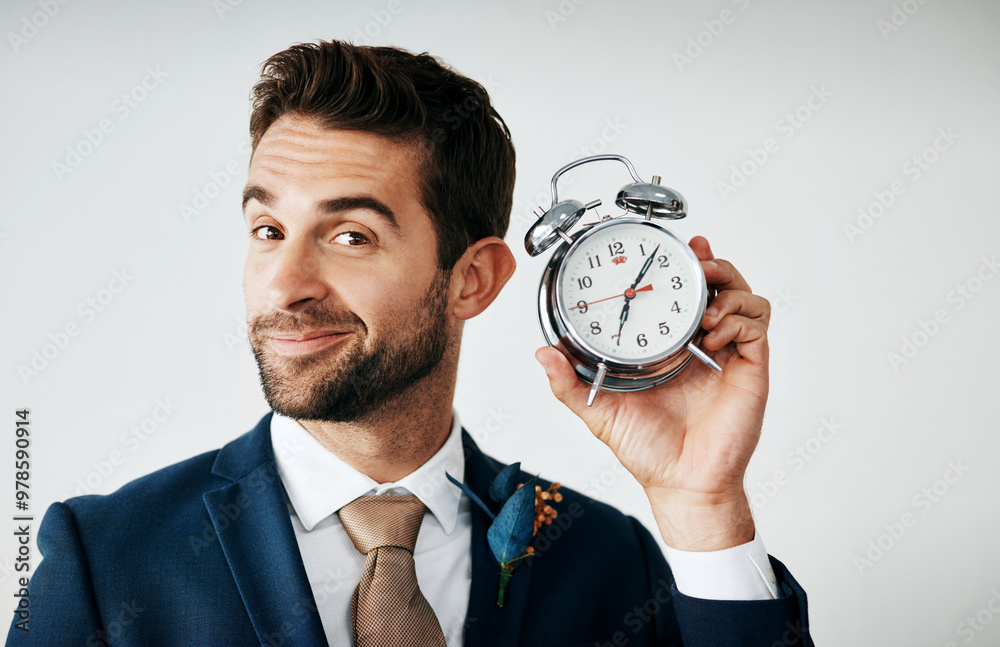 Sticker Portrait, groom and man with clock, celebration and person on gray studio background. Face, model and guy with time, wedding day and excited for event, celebration and countdown for marriage or alarm