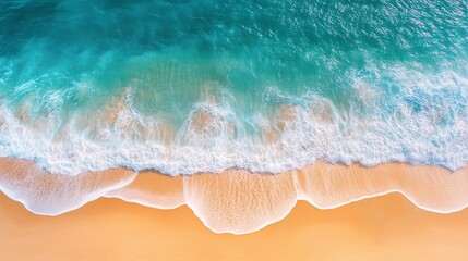 Fototapeta premium Sunny gold sandy beach, panorama. Panoramic view tranquil sandy beach. Peaceful sea waves shore. Ocean coast view. Aerial photography beachfront. generative ai