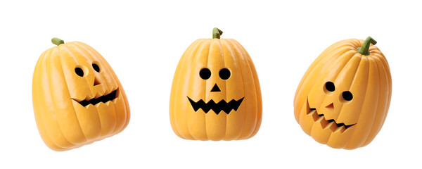 Three Halloween jack-o'-lanterns with varying facial expressions. They are placed against a white background, showcasing a festive Halloween concept. 3D Rendering