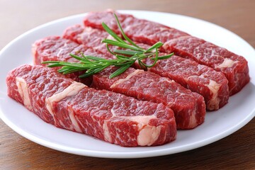 Fototapeta premium Delicious raw beef steaks on white plate with fresh herbs