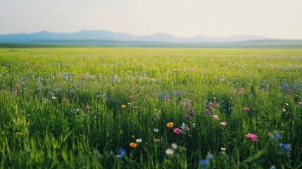 Obraz premium A field of green grass with a field of flowers in the background.