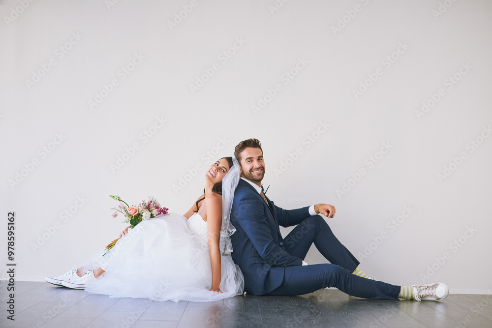 Wall mural Bride, groom and portrait mockup for marriage with flower bouquet, wedding and celebration together. Happy couple, unity and commitment for love, excited and smile on floor and white wall background