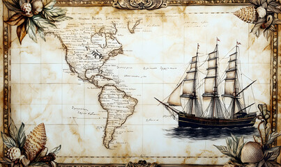 Vintage nautical map of North and South America with a ship sailing towards the Caribbean Sea.