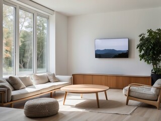 Modern Living Room with Large Window, Sofa, and Coffee Table
