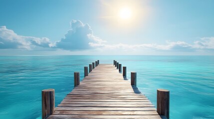 Obraz premium Perspective of a weathered wooden pier extending into vibrant turquoise sea waters, with a clear blue sky above and soft, golden light illuminating the scene, photorealistic style with intricate