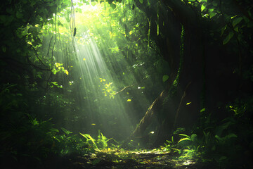 Fototapeta premium Sunlight beams through the dense foliage of a lush jungle.