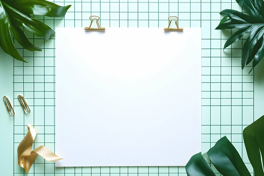 Blank paper sheet with gold binder clips on a green grid background with green leaves.