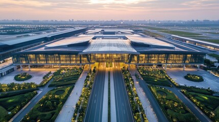 Fototapeta premium Aerial view of a modern airport terminal illuminated at dusk, surrounded by landscaped areas.