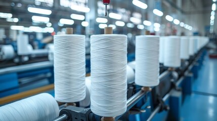 Yarn spools on spinning machine in a textile factory a visual of industrial production