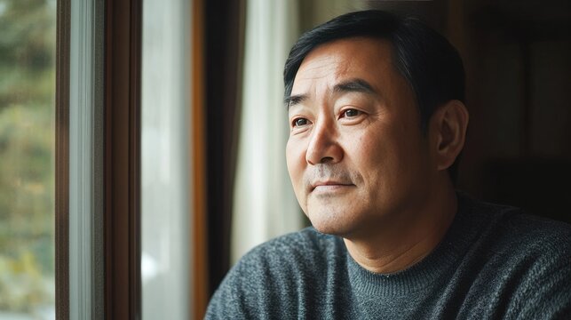 A thoughtful Asian man with a contemplative smile, gazing out a window.