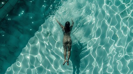 Aerial perspective of male swimmer practicing butterfly stroke in competitive training pool