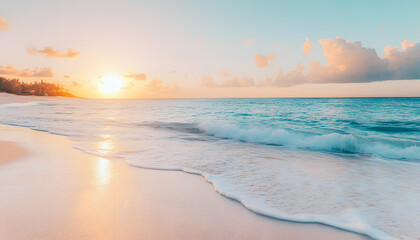 Fototapeta premium Crystal-clear turquoise waters with gentle waves lapping at a pristine beach under a golden sunset