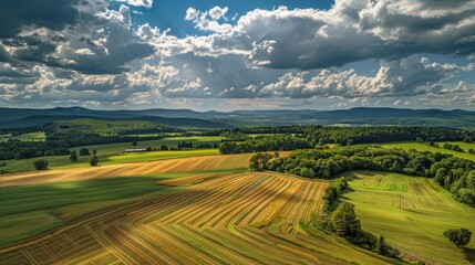 Obraz premium Clouds casting shadows over a patchwork of fields