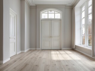Empty Room with White Doors, Windows, and Hardwood Floor