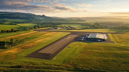 Aerial view of an airport surrounded by lush green fields and hills at sunset.