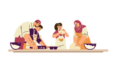 Illustration of Muslim family in the kitchen rolling and kneading dough together at the table.