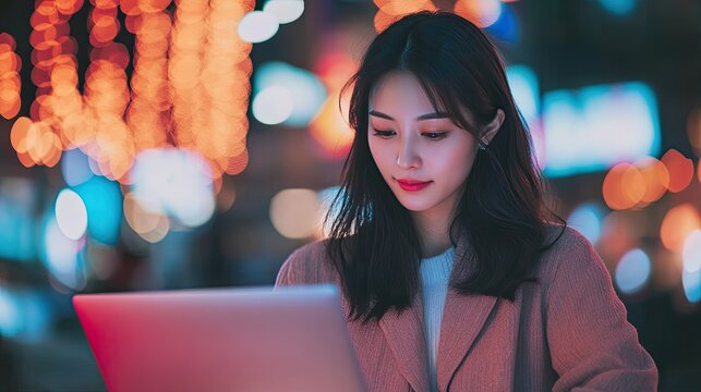 An Asian woman working on a laptop.
