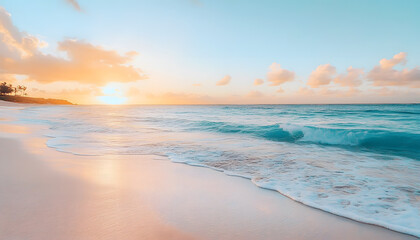 Obraz premium Crystal-clear turquoise waters with gentle waves lapping at a pristine beach under a golden sunset