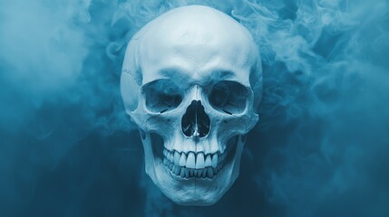 Fototapeta premium Anatomy of a skull with a mysterious aura, surrounded by fog and soft lighting, scientific intrigue, concept