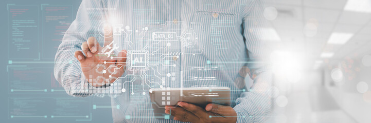 Cyber security and futuristic technology concept businessman using finger to touch fingerprint interface,to scan password,with technology icons and padlock,with artificial intelligence system or ai