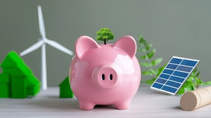 Pink piggy bank with wind turbines and solar panels, symbolizing green energy savings and environmental sustainability.