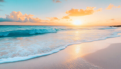 Obraz premium Crystal-clear turquoise waters with gentle waves lapping at a pristine beach under a golden sunset