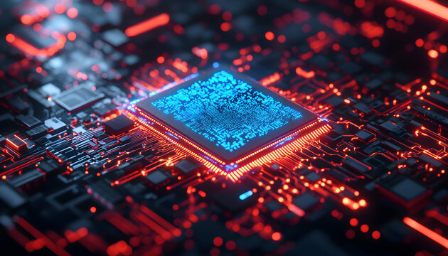 A close-up of a glowing blue computer chip on a circuit board, with red lights illuminating the circuitry.