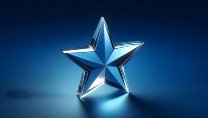 Glass star on blue background, symbolizing excellence and achievement. 3D Rendering