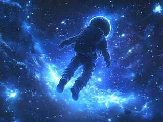 A lone astronaut floats through space, a faint blue glow emanating from their helmet, surrounded by a field of stars.