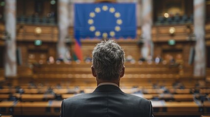 Obraz premium Formal politicians in front of european union flag at parliament a representation of eu politics